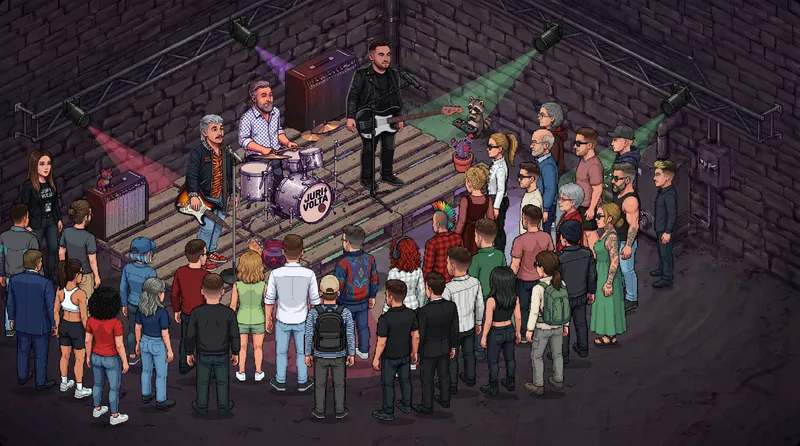 Die Fanzone: Juri und die Band auf der Bühne im Kellerloch, davor die Revoltas als Pixel-Figuren